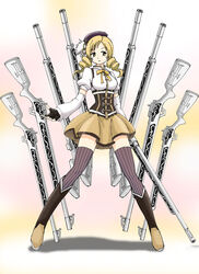  akiran_(r32) beret blonde_hair boots breasts brown_thighhighs commentary_request detached_sleeves drill_hair female fingerless_gloves full_body gloves gun hat highres knee_boots long_hair magical_girl magical_musket mahou_shoujo_madoka_magica mahou_shoujo_madoka_magica_(anime) medium_breasts multiple_weapons pleated_skirt puffy_sleeves skirt smile solo striped_clothes striped_thighhighs thighhighs tomoe_mami tomoe_mami_(magical_girl) twin_drills vertical-striped_clothes vertical-striped_thighhighs weapon yellow_eyes zettai_ryouiki 