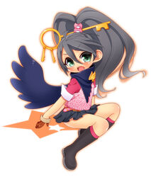  ace_attorney_investigations badge belt black_footwear black_hair blush boots brown_gloves commentary_request female frown full_body gloves green_eyes gyakuten_saiban hair_ornament head_tilt high_ponytail inuue_kiyu karakusa_(pattern) kay_faraday key knee_boots kneehighs lolicon long_hair looking_at_viewer microskirt oerba_yun_fang open_mouth outline pink_socks pleated_skirt ponytail scarf simple_background sitting skirt sleeves_rolled_up socks solo star_(symbol) teeth vest wavy_hair wings 