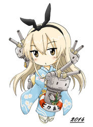  2014 akiran_(r32) blonde_hair brown_eyes cannon chibi commentary female floral_print hairband japanese_clothes kantai_collection kimono lifebuoy long_hair new_year rensouhou-chan shimakaze_(kancolle) swim_ring wide_sleeves 