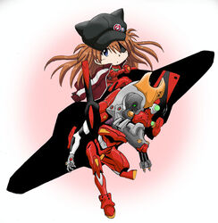  akiran_(r32) animal_hat blue_eyes bodysuit brown_hair cat_hat commentary eva_02 eva_02_prime_beta evangelion:_3.0_you_can_(not)_redo evangelion_(mecha) extra_eyes eyepatch female glowing glowing_eyes green_eyes hat jacket jacket_on_shoulders long_hair mecha neon_genesis_evangelion on_mecha pilot_suit plugsuit rebuild_of_evangelion red_eyes robot science_fiction souryuu_asuka_langley track_jacket 