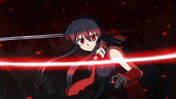  akame_(akame_ga_kill!) akame_ga_kill! bare_shoulders black_hair breasts commentary_request female highres katana long_hair necktie petals pitecube red_eyes skirt sleeveless solo sword vambraces very_long_hair weapon 