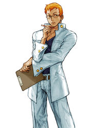  1boy blonde_hair capcom capcom_vs_snk_2 clipboard glasses highres justice_gakuen kagami_kyosuke kagami_kyousuke nishimura_kinu official_art pencil rival_schools short_hair solo 