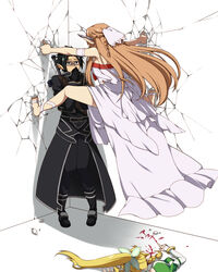  1boy 2girls ankle_lace-up asuna_(sao) barefoot barefoot_sandals_(jewelry) black_iron_great_sword blood blood_writing breasts brown_eyes brown_hair cicada_block_(meme) commentary_request cousins crack cracked_wall cross-laced_footwear dress dying_message ear_covers elf highres husband_and_wife kirito kirito_(sao-alo) leafa long_hair medium_breasts meme multiple_girls murder no_wings pointy_ears scared strong sword sword_art_online sword_on_back takatsuki_ichi titania_(sao) translated very_long_hair weapon weapon_on_back 