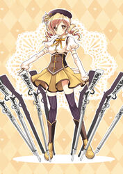  argyle_background beret blonde_hair blush boots brown_thighhighs commentary_request corset detached_sleeves drill_hair female fingerless_gloves gloves gun hair_ornament hairpin hat heart magical_girl magical_musket mahou_shoujo_madoka_magica mahou_shoujo_madoka_magica_(anime) photoshop_(medium) pleated_skirt puffy_sleeves ribbon rifle sasaki_akane shirt skirt smile solo striped_clothes striped_thighhighs taut_clothes taut_shirt thighhighs tomoe_mami tomoe_mami_(magical_girl) twin_drills twintails vertical-striped_clothes vertical-striped_thighhighs weapon yellow_eyes zettai_ryouiki 