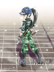  1999 baseball_cap black_hair boots cargo_pants combat_boots commentary_request cropped_jacket female from_behind full_body gloves hat kouno_youko last_bronx long_hair pants ponytail shieo sleeves_rolled_up solo tonfa weapon 