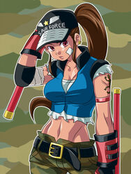  armlet baseball_cap belt breasts brown_hair commentary_request crop_top dual_wielding earrings female gloves hat hmisao holding jewelry kouno_youko large_breasts last_bronx long_hair midriff navel ponytail red_eyes sleeveless solo tattoo toned tonfa weapon 