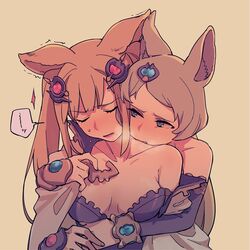  2girls animal_ears bare_shoulders biting blonde_hair breasts cat_ears closed_eyes commentary_request elbow_gloves erune gloves granblue_fantasy hair_ornament hug hug_from_behind incest long_hair metera_(granblue_fantasy) mole mole_under_mouth multiple_girls neck_biting short_hair siblings sisters small_breasts sutera_(granblue_fantasy) takishima_asaka trembling twintails yuri 