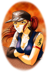  armlet bandages bandaid baseball_cap breasts cleavage commentary_request crossed_arms earrings elbow_pads female hat hazama_(perdition) jewelry kouno_youko large_breasts last_bronx long_hair photoshop_(medium) ponytail red_eyes red_hair scrunchie sidelocks sleeveless solo tattoo unzipped 