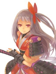  absurdres armor bad_id bad_pixiv_id black_thighhighs female grey_hair hao_(patinnko) highres japanese_armor japanese_clothes katana kote kusazuri long_hair looking_at_viewer photoshop_(medium) pink_eyes sengoku_collection shoulder_armor simple_background smile sode solo sword thighhighs vambraces weapon white_background 