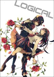  1boy black_hair commentary_request female flower gloves hat mouth_hold original red_eyes rose school_uniform skirt socks yuuichi_(bobobo) 