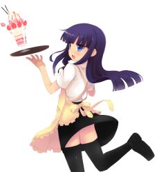  apron black_thighhighs blue_eyes female food fruit long_hair looking_back open_mouth purple_hair shin_(new) solo strawberry thighhighs tray waitress working!! yamada_aoi 