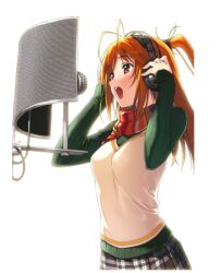  5_nenme_no_houkago headphones kantoku ponytail recording_studio scarf singing skirt sweater_vest tartan white_background 