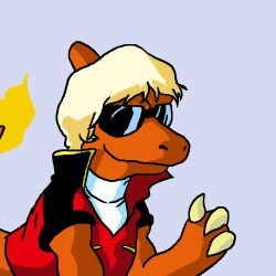  blonde_hair blue_background char_aznable charmeleon claws gundam imageboard_colors imageboard_desourced name_connection no_humans non-web_source pokemon pokemon_(creature) pun quattro_bajeena scar sunglasses thumbs_up zeta_gundam 