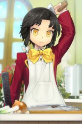  apron black_hair blazer bow cooking cutting_board dress_shirt female fish flat_chest flower food holding holding_knife jacket katana kdog kitchen_knife knife left-handed lowres mole shirt short_hair sita_vilosa solo spring_onion sword sword_girls weapon window 