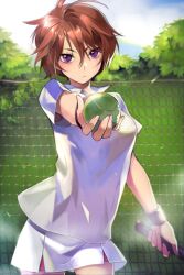  artist_request ball brown_hair female lowres outdoors outstretched_arms photoshop_(medium) playing_sports pleated_skirt purple_eyes racket short_hair skirt solo sportswear striped sword_girls tennis tennis_ball tennis_uniform tree wristband 