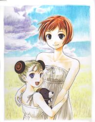  2girls alvis_hamilton back bad_id bad_pixiv_id bare_shoulders blonde_hair blue_eyes bob_cut brown_eyes cloud colored_pencil_(medium) day dress field goat last_exile lavie_head lolicon looking_back mamoru_mikokoro marker_(medium) multiple_girls photoshop_(medium) red_hair short_hair sky smile stuffed_animal stuffed_goat stuffed_toy traditional_media wheat wind 