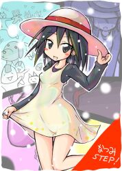  :d andou_natsumi black_eyes black_hair blood blood_on_weapon blush_stickers clothes_lift commentary_request copyright_name crowbar dress dress_lift female hat kamashi natsumi_step! open_mouth outline short_hair skirt slim_legs smile solo sun_hat thigh_gap weapon white_outline white_skirt 