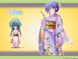  akiyama_nozomi blue_hair blush calligraphy_brush face_paint hagoita hair_flower hanetsuki kimono long_hair new_year paddle paintbrush purple_eyes se.kirara shizuno_izumi shuttlecock wafuku 