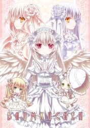  5girls alternate_color bad_id bad_pixiv_id barasuishou blonde_hair chibi dress flower frills gothic_lolita kanaria kirakishou lolita_fashion long_hair moru multiple_girls red_eyes rozen_maiden shinku suigintou umbrella wings 