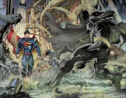  2boys batman battle black_hair cape city dc_comics destruction gas mask multiple_boys night non-web_source red_eyes superman watermark weapon western_comics_(style) 