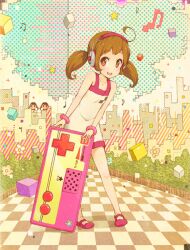  ahoge awakumo brown_eyes brown_hair checkered commentary_request controller cube dress famicom famicom_gamepad female flower game_console game_controller gamepad headphones musical_note original photoshop_(medium) short_hair solo standing star_(symbol) twintails 