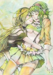  2girls blonde_hair breasts commentary_request corrupted_metadata goggles goggles_on_head green_eyes green_hair gumi gumi_(v3_megpoid) happy headphones hug jacket lily_(vocaloid) long_hair medium_breasts meriko midriff multiple_girls nail_polish navel painting_(medium) short_hair skirt smile suspenders thighhighs traditional_media underboob vocaloid watercolor_(medium) yuri zettai_ryouiki 