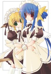  1boy animal_ears bad_id bad_pixiv_id blonde_hair blue_hair bridget cat_ears dizzy_(guilty_gear) female framed green_eyes guilty_gear guilty_gear_xx hair_ribbon long_hair lowres maid maid_headdress otoko_no_ko puffy_sleeves red_eyes ribbon short_hair tail twintails wrist_cuffs yuuki_sayaka 