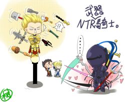  !? ... 3boys annotation_request armor artoria_pendragon_(fate) ashbringer beam_saber berserker_(fate/zero) bleach blonde_hair blush borrowed_weapon buster_sword cheating_(relationship) chibi commentary_request diarmuid_ua_duibhne_(lancer)_(fate) energy_sword fate/zero fate_(series) female final_fantasy final_fantasy_vii frostmourne full_armor gate_of_babylon_(fate) gilgamesh_(fate) gundam gundam_deathscythe_hell_custom gundam_wing handle heart kiko375 lance multiple_boys multiple_weapons multiple_wielding netorare one_piece partially_annotated polearm saber_(fate) scythe short_hair spear sweatdrop sword tales_of_(series) tales_of_the_abyss trident warcraft warcraft_iii weapon weapon_request yoru_(sword) zangetsu_(bleach) zangetsu_(shikai) 