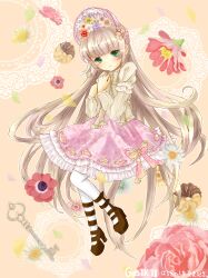  blonde_hair bonnet commentary_request copyright_name doily dollysmile female flower full_body gosick green_eyes hair_flower hair_ornament hands_on_own_chest key lolita_fashion long_hair rose solo sweet_lolita victorica_de_blois 