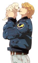  1boy animal blonde_hair blue_jacket bomber_jacket canine commentary_request holding imasan jacket john_(tiger_&amp;_bunny) keith_goodman male_focus manly puppy smile tiger_&amp;_bunny 