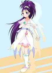  bad_id bad_pixiv_id boots cure_egret earrings female futari_wa_precure_splash_star gyuniku heart highres jewelry knee_boots long_hair magical_girl mishou_mai ponytail precure purple_hair smile solo white_footwear 