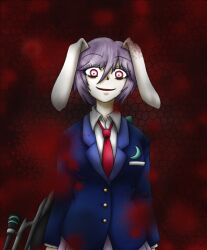  animal_ears colored_skin commentary_request eyelashes female fog gun koishi_komeiji&#039;s_heart-throbbing_adventure light_purple_hair necktie rabbit_ears red_eyes reisen_(touhou_bougetsushou) rifle ruins_(ruins49) short_hair smile solo time_warp_rifle touhou weapon white_skin 