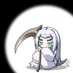  aqua_eyes commentary_request dark_souls_(series) dark_souls_i dragon_girl female horns long_hair naginami priscilla_the_crossbreed scythe solo tail weapon white_hair 