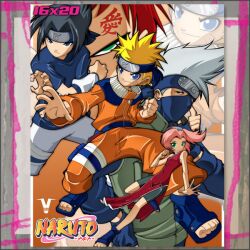  black_hair bleedman blonde_hair forehead_protector green_eyes happy hatake_kakashi headband mask naruto pink_hair sai sakura_haruno silver_hair smile uchiha_sasuke uzumaki_naruto 