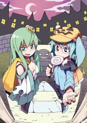  2girls backpack bad_id bad_pixiv_id bag blue_eyes blue_hair boots candy crescent_moon d@i detached_sleeves dress food food-themed_hair_ornament green_eyes green_hair hair_bobbles hair_ornament hair_tubes halloween hat jack-o&#039;-lantern kawashiro_nitori kochiya_sanae lollipop long_hair looking_at_viewer moon multiple_girls open_mouth outstretched_hand perspective pumpkin pumpkin_hair_ornament reaching sack shadow short_hair skirt smile snake touhou town two_side_up 