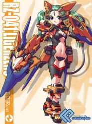  blade blue_eyes breasts claws cleavage crotch_plate facial_mark female green_hair helmet liger_zero liger_zero_schneider mecha_musume navel revealing_clothes robot_ears small_breasts smile solo strapless_bottom tail tanimeso twintails zoids zoids_shinseiki/zero zoom_layer 