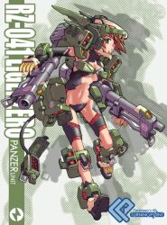  breasts brown_hair cannon claws cleavage crotch_plate female green_eyes helmet high_heels liger_zero liger_zero_panzer mecha_musume missile navel open_mouth revealing_clothes shoes short_hair small_breasts smile solo strapless_bottom tanimeso zoids zoids_shinseiki/zero zoom_layer 