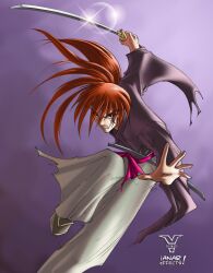  bleedman himura_kenshin kurkoboltsi long_hair male petals purple_eyes red_hair rurouni_kenshin scar sheathed solo sword wafuku weapon 