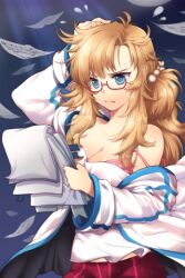  bittersweet_(dalcoms) blue_eyes bra breasts brown_hair cleavage coat female glasses hair_ornament lingerie lowres messy_hair paper photoshop_(medium) quartermaster_knight small_breasts solo sword_girls underwear 