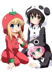  4girls :p akaza_akari animal_costume aqua_eyes black_hair blonde_hair blue_eyes buttons cat_costume collarbone commentary_request dog_costume funami_yui hino_hino multiple_girls open_mouth pajamas panda_costume photoshop_(medium) pink_hair red_hair sitting smile tomato_costume tongue tongue_out toshinou_kyouko yellow_eyes yoshikawa_chinatsu yuru_yuri 