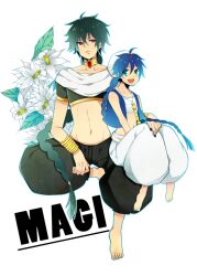  2boys aladdin_(magi) barefoot black_hair blue_eyes blue_hair braid choker commentary_request crop_top feet flower flute highres instrument judal long_hair magi_the_labyrinth_of_magic male_focus midriff mitsuko_(likiliki) multiple_boys navel partial_commentary red_eyes turban 