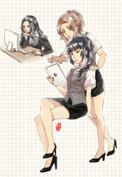  3girls apple_inc. avatar:_the_last_airbender avatar_legends azula bare_legs black_hair commentary commentary_typo contemporary crossed_legs earrings english_commentary engrish_commentary formal high_heels imac ipad jewelry kellylee lipstick long_hair mai_(avatar) makeup mixed-language_commentary multiple_girls office_lady pencil_skirt photoshop_(medium) pointing shoes short_sleeves sitting skirt suit tablet_pc ty_lee 