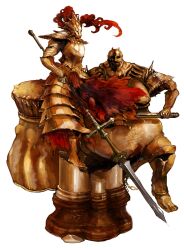  2boys armor bad_id bad_pixiv_id dark_souls_(series) dark_souls_i dragon_slayer_ornstein executioner_smough full_armor gauntlets hammer helmet huge_weapon knight maruco multiple_boys polearm red_hair simple_background spear weapon 