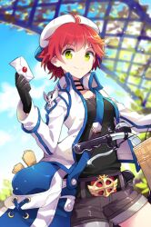  ahoge bag belt bicycle black_shorts camisole envelope female gloves green_eyes hat jacket lowres messenger_bag messenger_knight nardack red_hair scroll short_hair shorts shoulder_bag smile solo sword_girls 