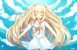  animal_ears blonde_hair closed_eyes cloud commentary_request day dress female long_hair seeu short_dress sky solo very_long_hair vocaloid yunare 