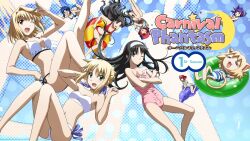  6+girls :3 arcueid_brunestud armpits artoria_pendragon_(fate) bandeau barefoot bikini bikini_skirt blonde_hair breasts carnival_phantasm ciel_(tsukihime) cleavage company_connection crossed_arms crossover dolphin fate/stay_night fate_(series) glasses highres hisui_(tsukihime) inflatable_toy innertube kohaku_(tsukihime) long_hair long_legs matou_sakura medium_breasts morita_kazuaki multiple_girls navel neco-arc one-piece_swimsuit one_eye_closed open_mouth saber_(fate) salute side-tie_bikini_bottom small_breasts smile swim_ring swimsuit tohno_akiha tohsaka_rin tsukihime type-moon upside-down 