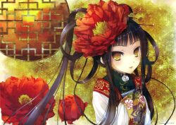  absurdres black_hair braid chinese_clothes copyright_request female floral_print flower hair_ornament hair_stick hands_in_opposite_sleeves hanfu highres katagiri_hinata lattice long_hair long_sleeves looking_at_viewer own_hands_together parted_lips peony_(flower) red_flower round_window solo twin_braids upper_body white_flower wide_sleeves window yellow_eyes 