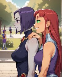  2girls ai_generated clothed duo_focus female female_only happy multiple_girls no_sex notreallyhere raven_(dc) smiling starfire tagme teen_titans 