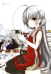  :3 absurdres ahoge apron bare_shoulders barefoot blush cthulhu english_text female gloves green_eyes grey_hair haiyore!_nyaruko-san highres huge_ahoge koin_(foxmark) long_hair looking_at_viewer model model_building model_kit nyarlathotep_(nyaruko-san) official_art photoshop_(medium) pliers seiza shantak_(nyaruko-san) sitting sleeveless smile solo sprue tissue tweezers very_long_hair 