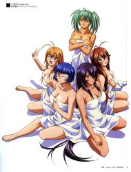  5girls ;d absurdres ahoge antenna_hair aqua_eyes artist_name bangs bare_shoulders barefoot blue_eyes blue_hair bob_cut breasts brown_hair cleavage collarbone copyright_name crossed_arms eyepatch feet glasses green_eyes green_hair hair_between_eyes hair_bobbles hair_ornament hair_over_one_eye hair_over_shoulder hand_on_own_breasts hand_on_own_thigh highres ikkitousen ikkitousen_eloquent_fist kan&#039;u_unchou kanu_unchou large_breasts long_hair looking_at_viewer low-tied_long_hair megane mole multiple_girls naked naked_sheet official_art one_eye_closed open_mouth orange_hair purple_hair rin-sin rin_sin ryofu_housen ryomou_shimei ryuubi_gentoku scan scrunchie seiza sheets shiny shiny_hair short_hair short_twintails sideboob sidelocks simple_background sitting smile sonsaku_hakufu spread_legs tan taut_clothes twintails v very_long_hair white_background wink yellow_eyes yokozuwari 